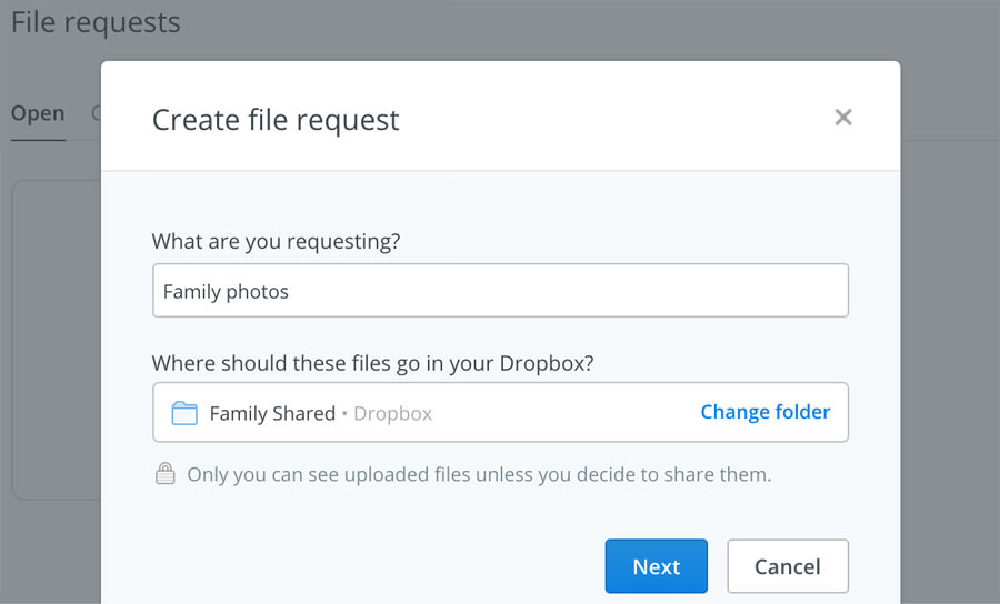 Dropbox - file requests in a shared folder