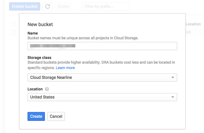 Create Google Cloud Storage nearline bucket