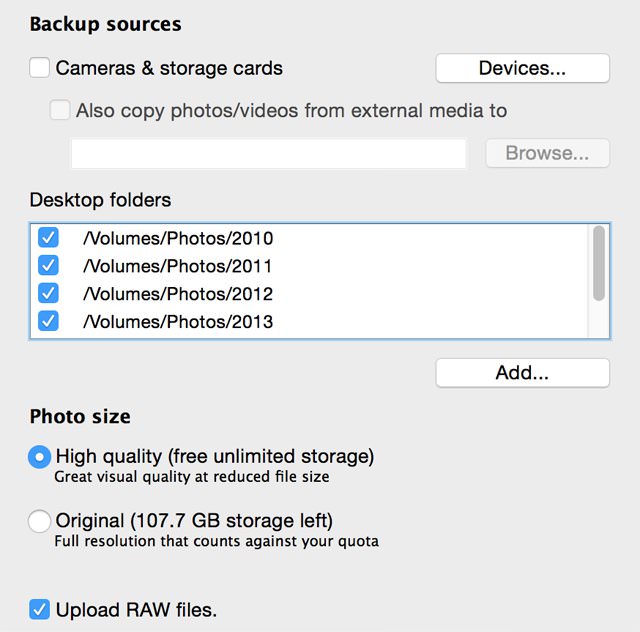 Google Photos Uploader for Mac settings