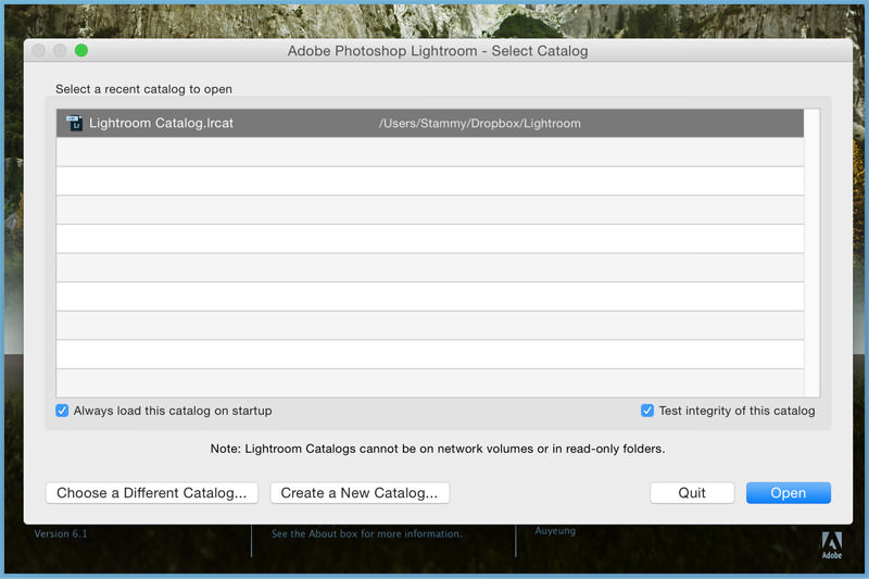 Lightroom select a new catalog