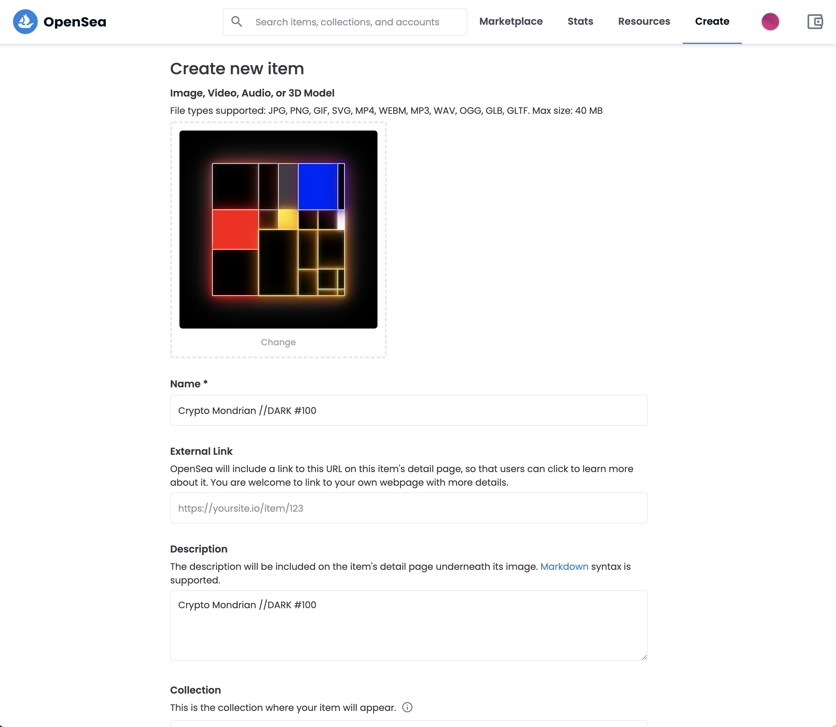 OpenSea create Crypto Mondrian NFT interface