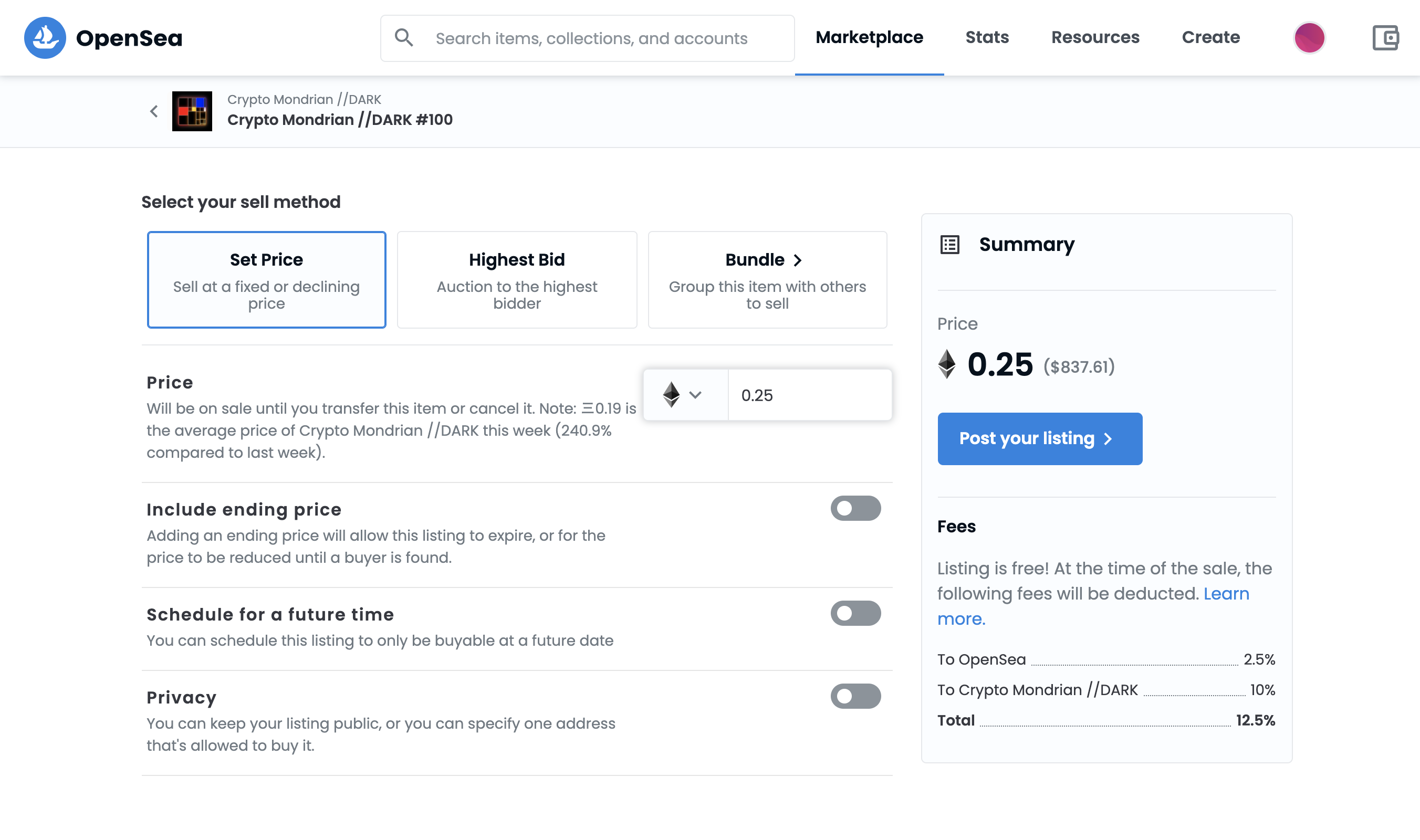 OpenSea sell Crypto Mondrian NFT interface
