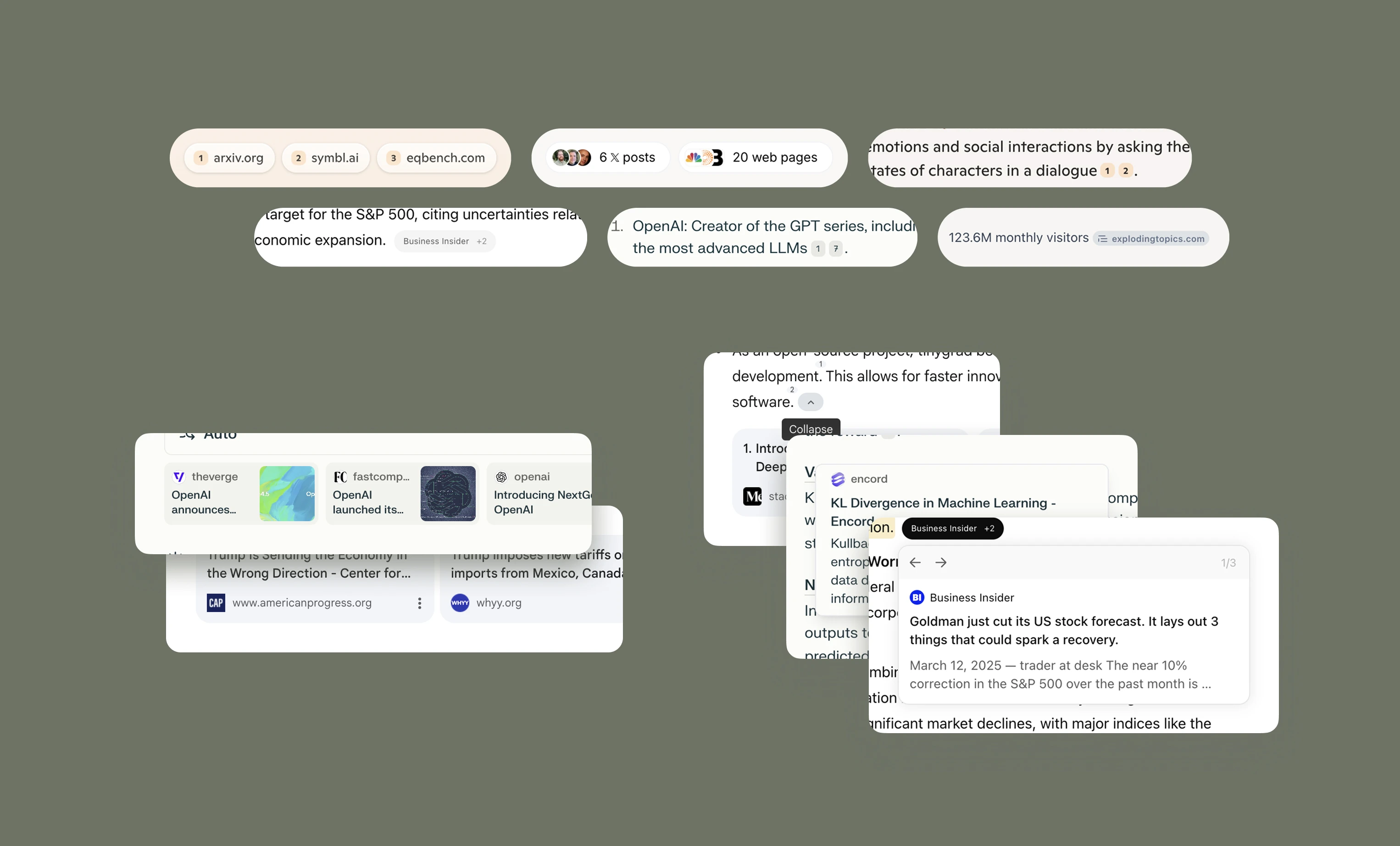 AI answer engines showing web source attribution with inline citations, hover cards and more